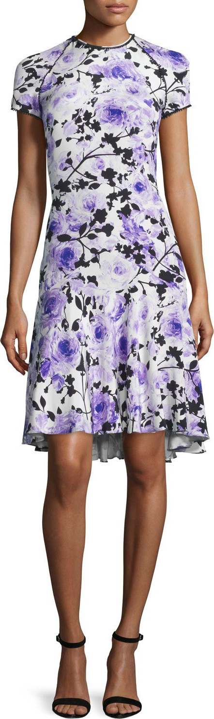 Naeem Khan Short-Sleeve Floral-Print Cocktail Dress, Purple/White