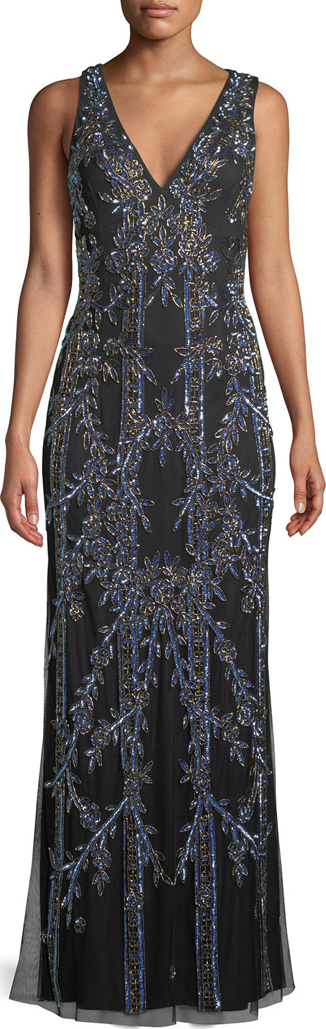 Aidan Mattox Long V-Neck Gown w/ Art Deco Beading