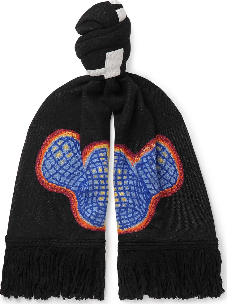 Off White Fringed Logo-Intarsia Knitted Scarf