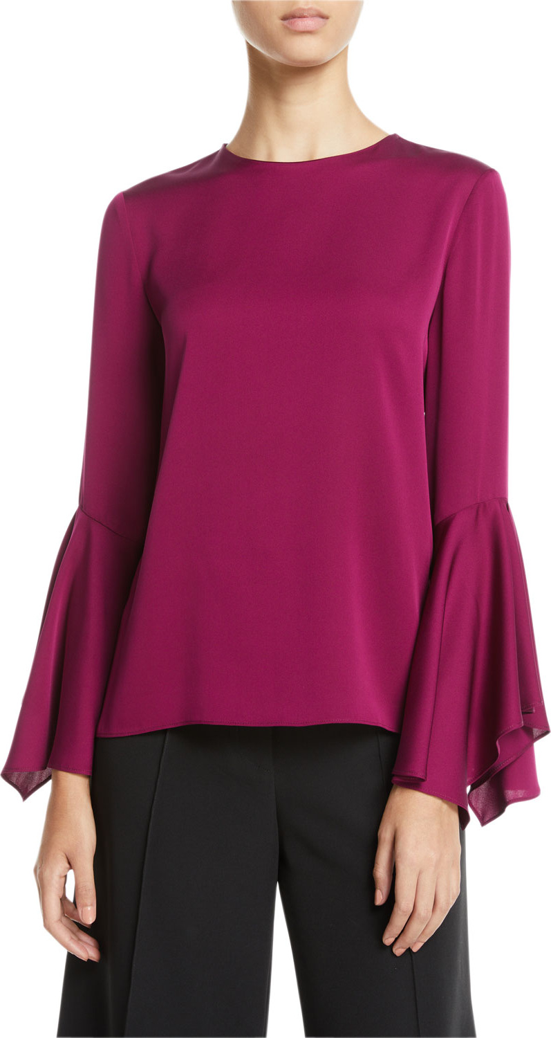 MILLY Holly Jewel-Neck Flared-Sleeves Stretch-Silk Top