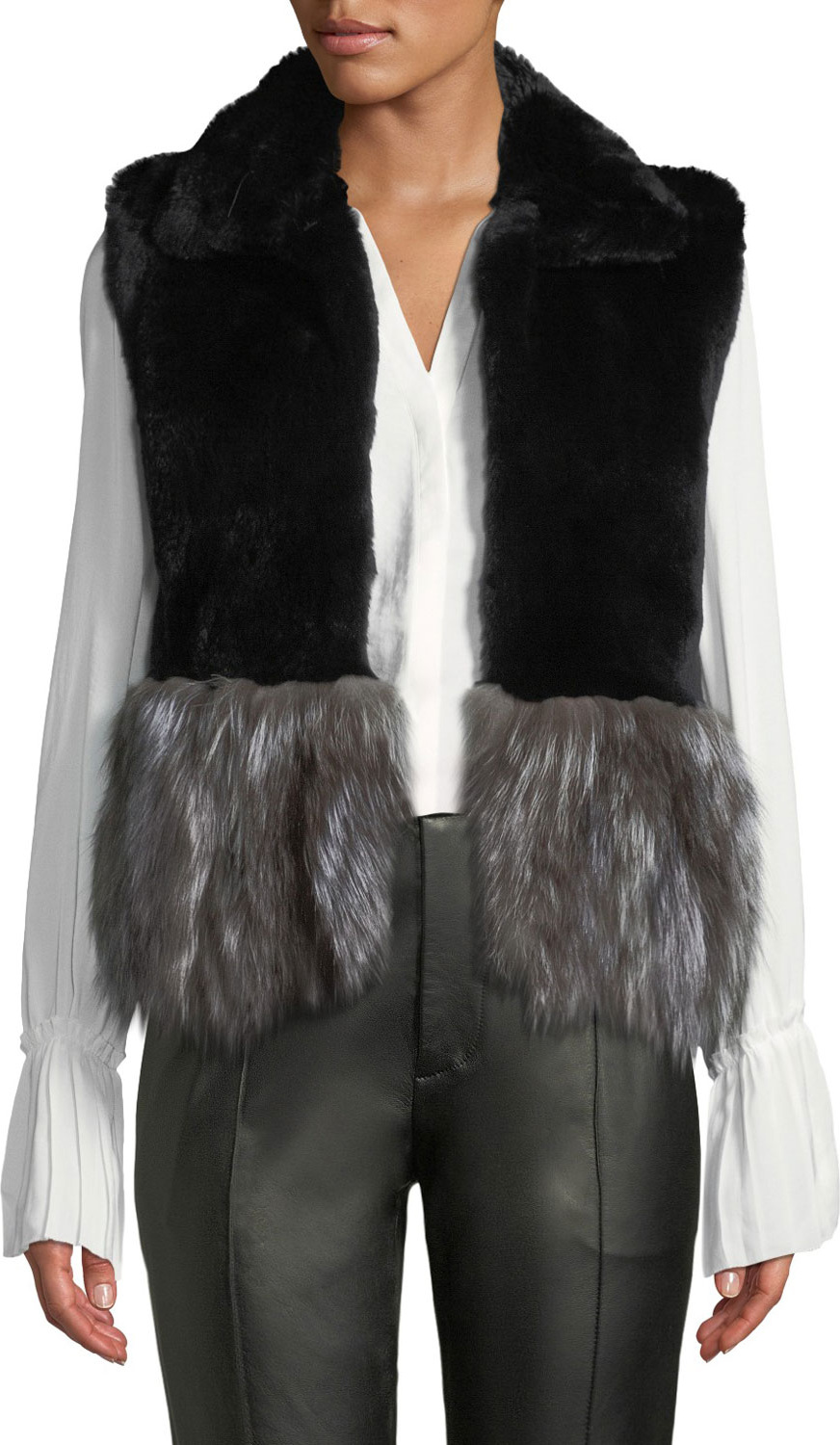 Adrienne Landau Short Fur Vest w/ Contrast Fur Hem
