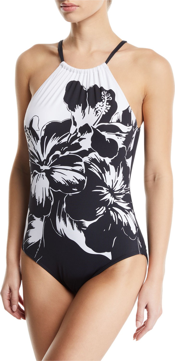 Tommy Bahama Hibiscus-Print High-Neck One-Piece Swimsuit