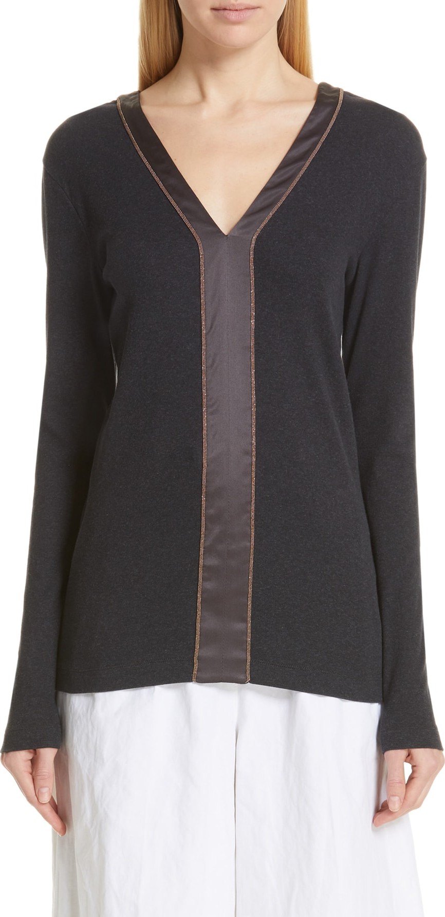 Brunello Cucinelli Monili & Satin Trim Knit Top