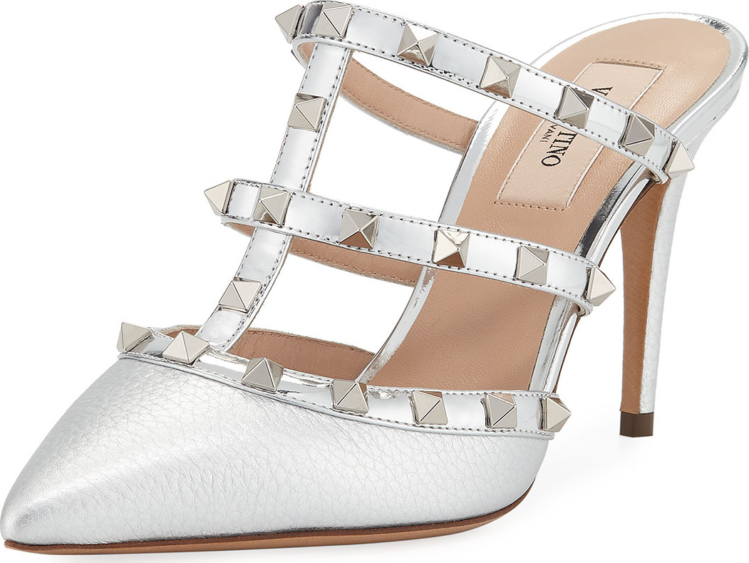 Valentino Rockstud Metallic Leather Mule Slide