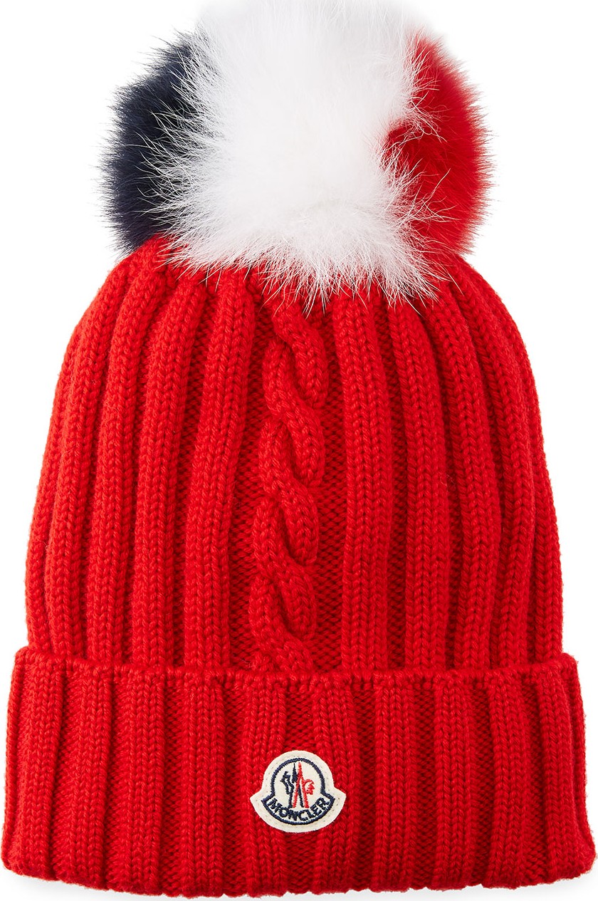 Moncler Berretto Knit Beanie Hat w/ Fur Pompom