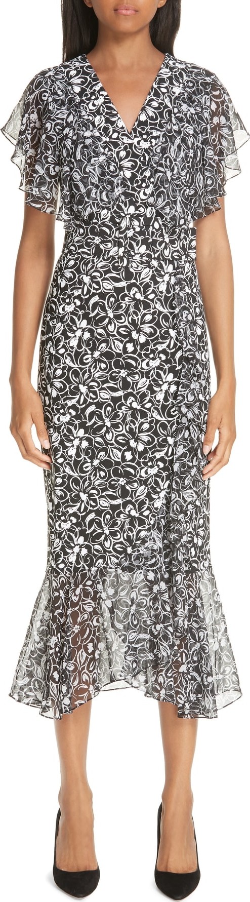 Michael Kors Painterly Floral Belted Ruffle Trim Dress