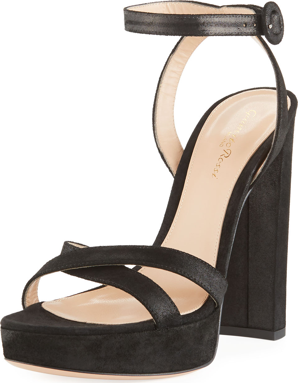 Gianvito Rossi Metallic Fabric Platform Ankle-Wrap Sandal