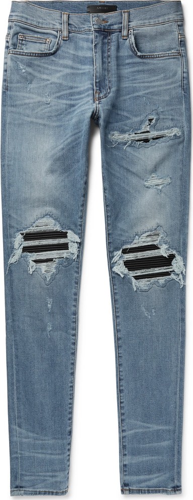 Amiri MX1 Skinny-Fit Leather-Panelled Distressed Stretch-Denim Jeans