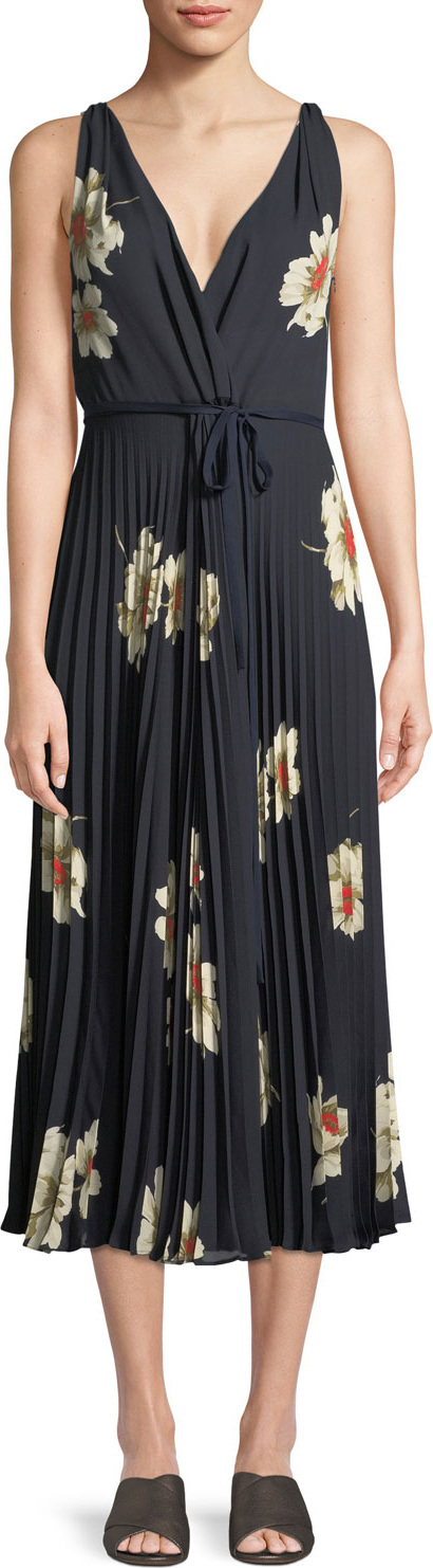 Vince Gardenia Floral-Print Twist-Front Pleated Dress