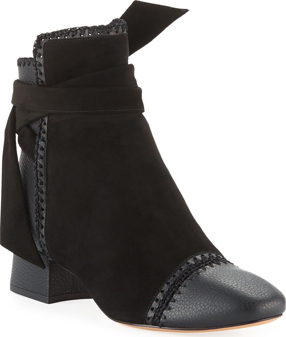 Alexandre Birman Catherine Suede/Leather Low-Heel Booties with Crochet Detail Alexandre Birman Catherine Suede/Leather Low-Heel Booties with Crochet Detail