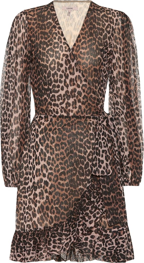 Ganni Printed mesh wrap minidress