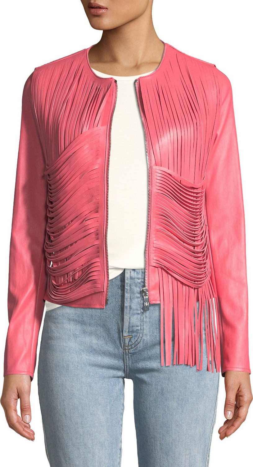 Nour Hammour Retrograde Leather Fitted Jacket with Draped Fringe