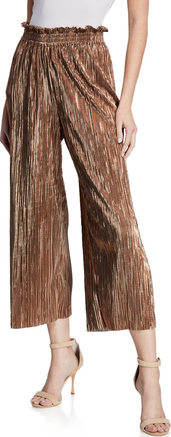 Alice + Olivia Elba Metallic Plisse Pull-On Cropped Wide-Leg Pants