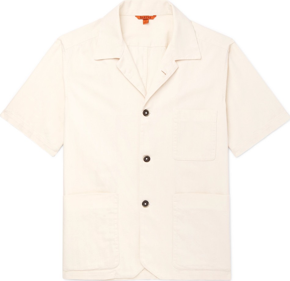 Barena Camp-Collar Herringbone Cotton Shirt