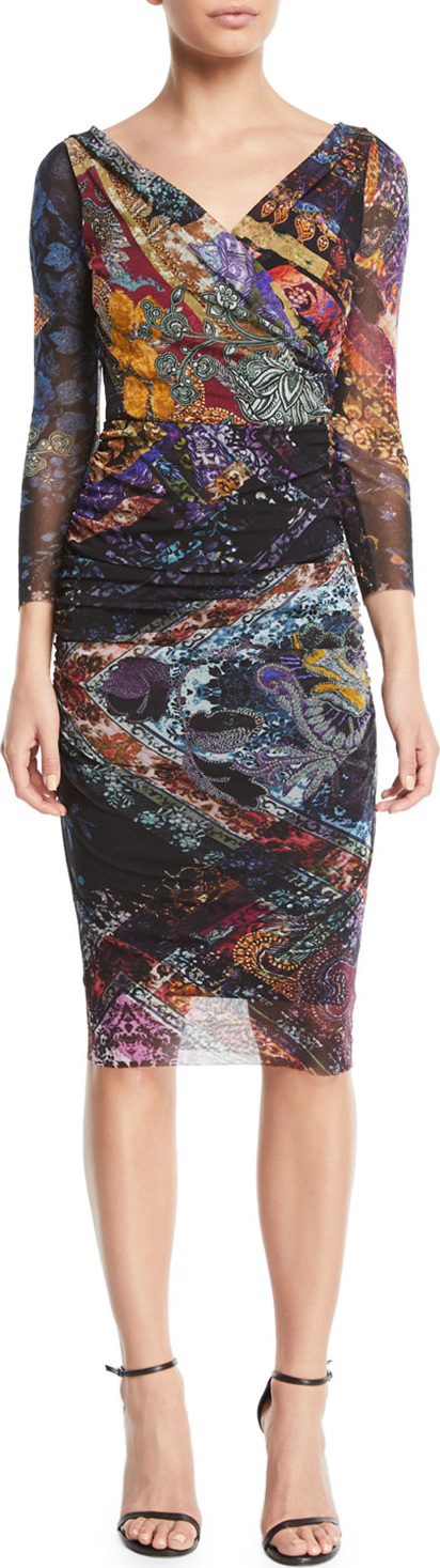 Fuzzi 3/4-Sleeve Printed Body-Con Tulle Dress