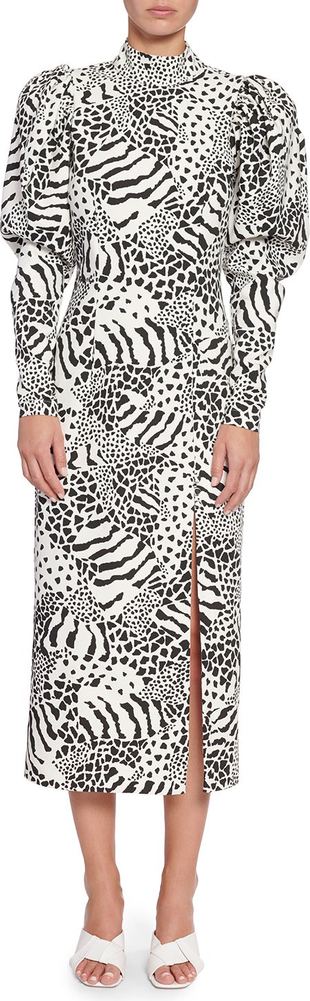 ROTATE Birger Christensen Theresa Puff-Sleeve Animal-Print Midi Dress