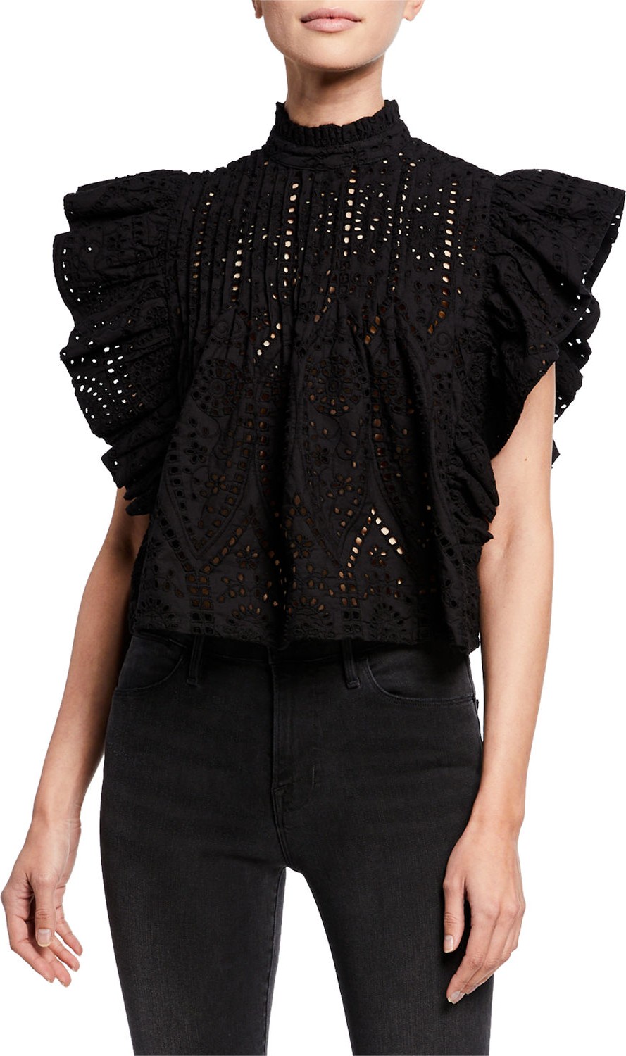 Ganni High-Neck Cropped Eyelet Ruffle Top