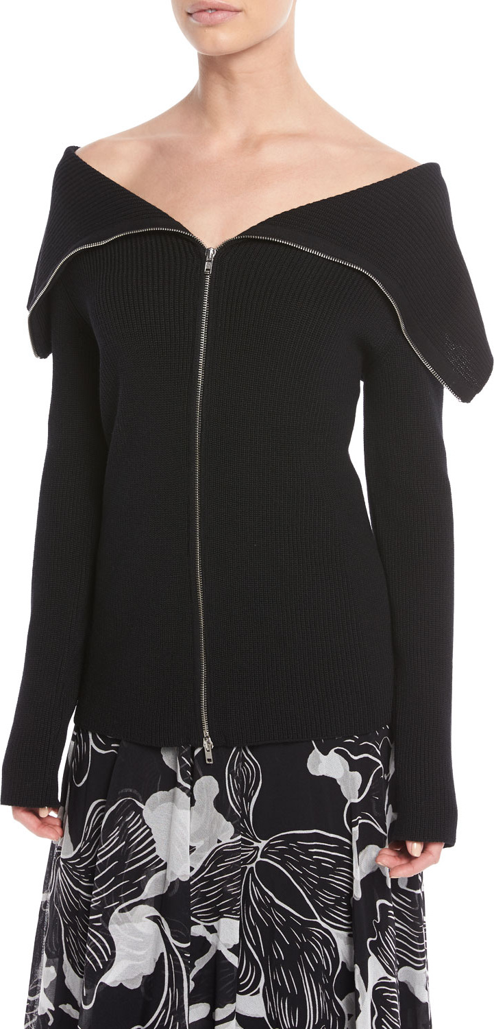 Fuzzi Front-Zip Off-the-Shoulder Sweater