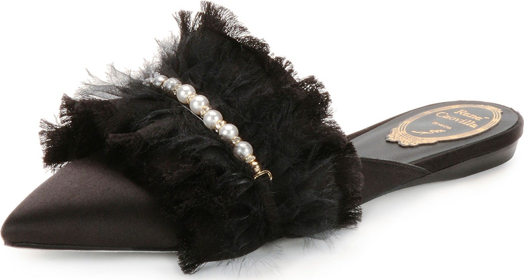 Rene Caovilla Satin Flat Mule with Pearly Strap