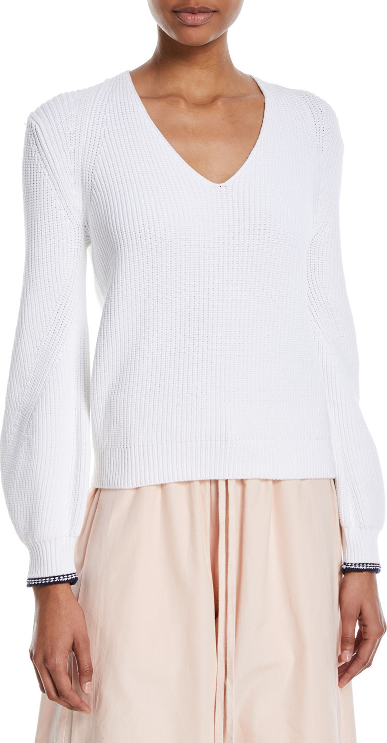 Vince Bishop-Sleeve V-Neck Rib-Knit Sweater