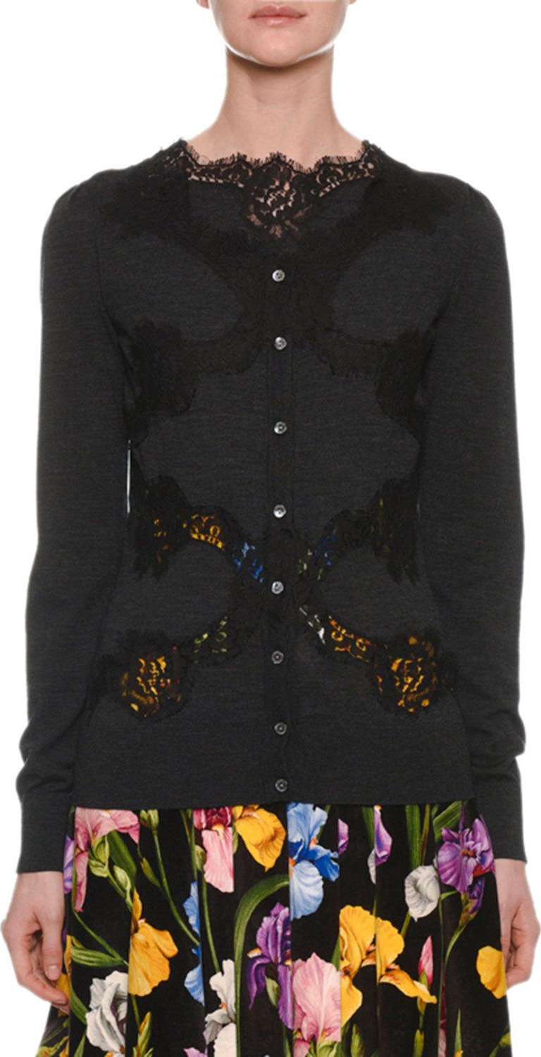Dolce & Gabbana Button-Down Long-Sleeve Cardigan w/ Lace Inset