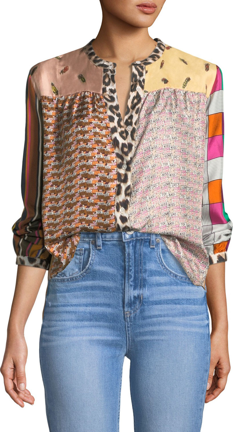 La Prestic Ouiston Mixed-Print Mandarin-Collar Silk Blouse
