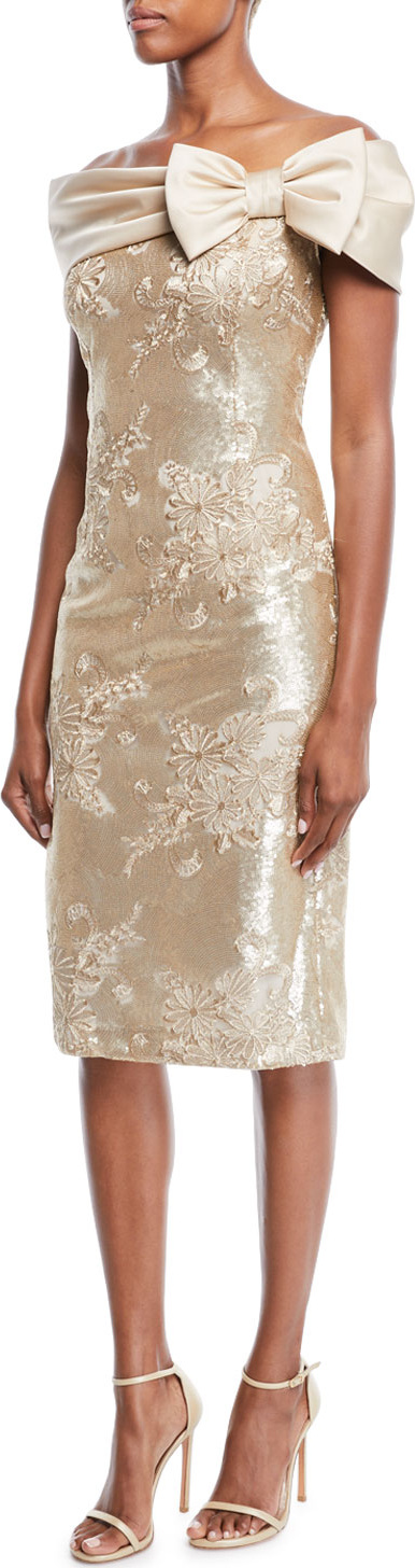 Rickie Freeman for Teri Jon Portrait-Neck w/ Bow Sequin Lace Sheath Cocktail Dress