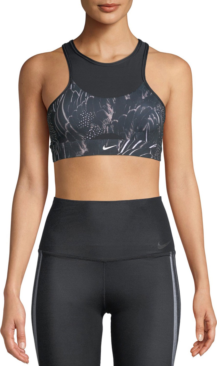 Nike Swoosh High-Neck Feather-Print Sports Bra