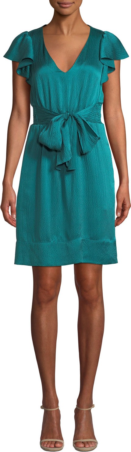 Rebecca Taylor Belted Silk Flutter-Sleeve V-Neck Dress