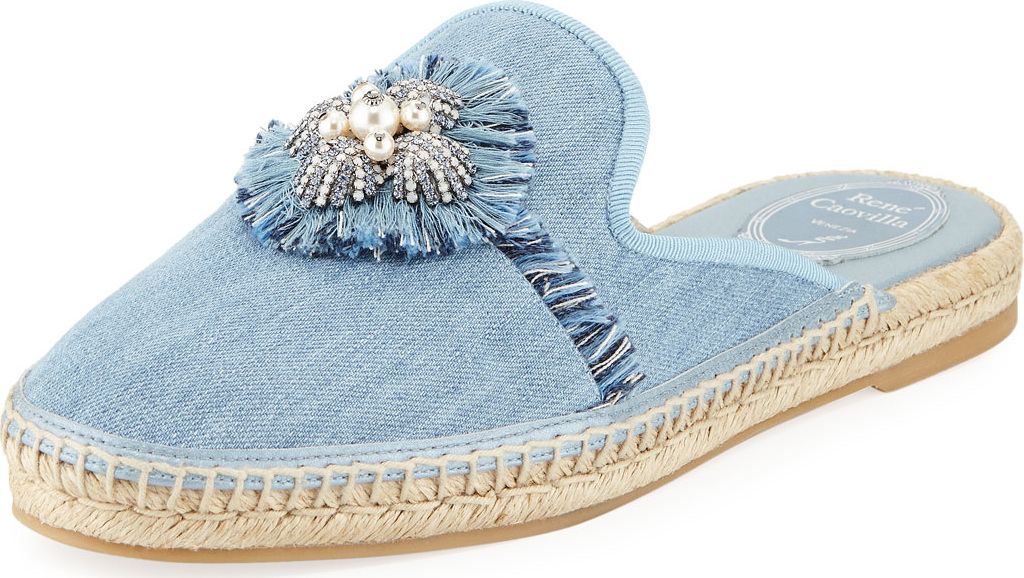 Rene Caovilla Denim Flat Espadrille Slide Mule
