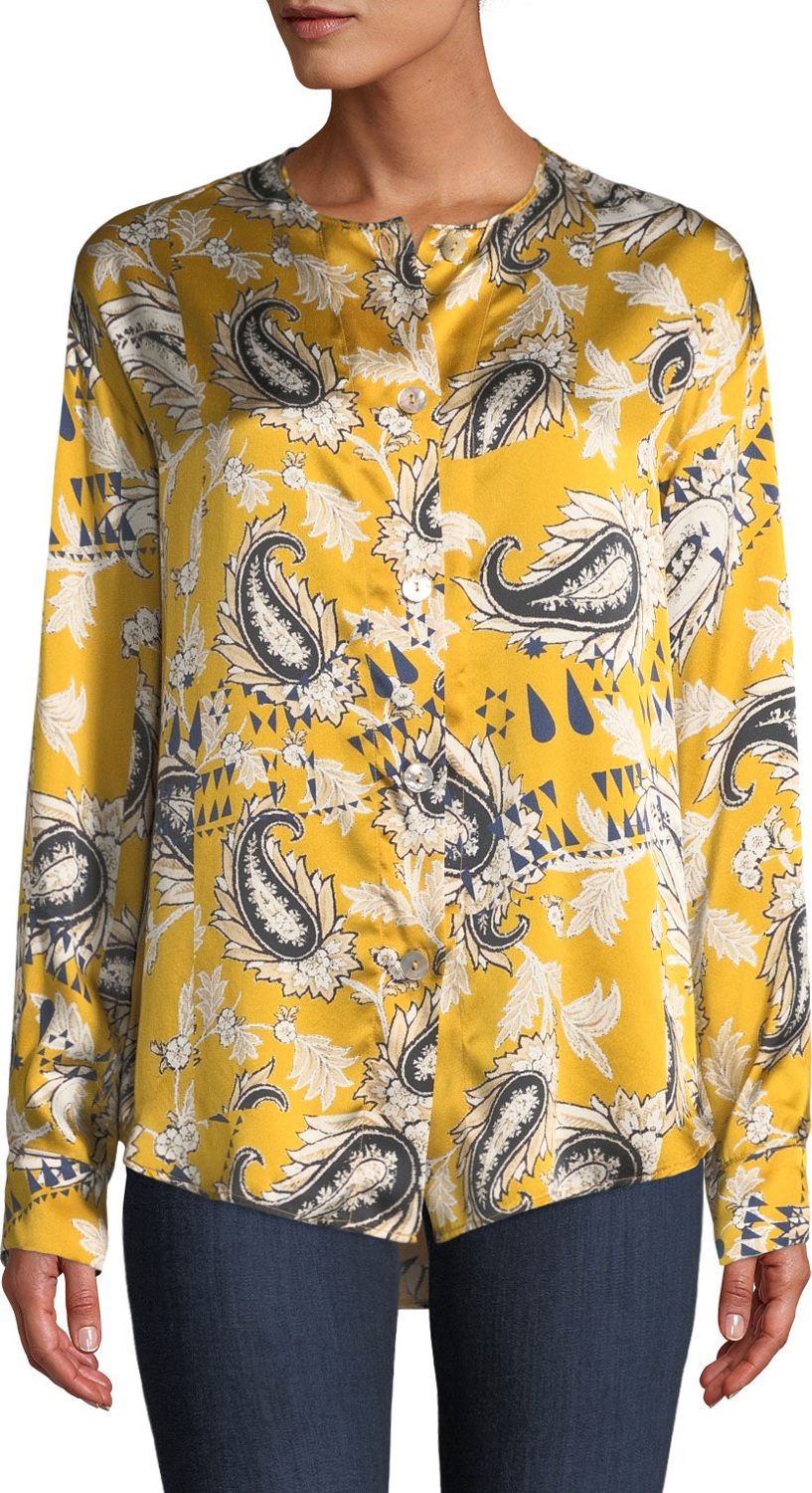 Forte Forte Collarless Afrika-Print Silk Button-Front Shirt