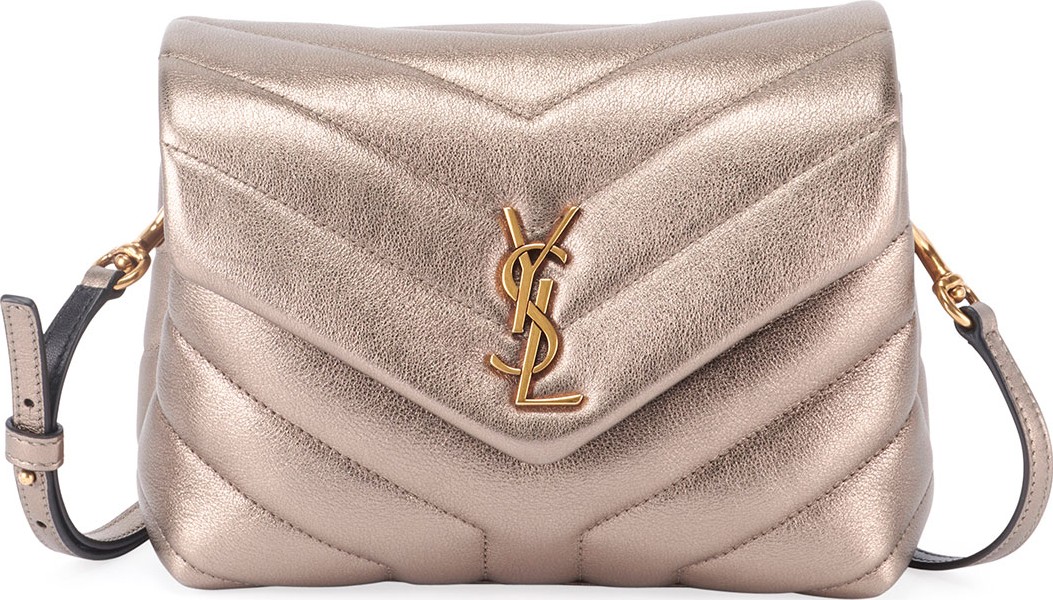 Saint Laurent Loulou Monogram YSL Toy V-Flap Metallic Wallet on Chain