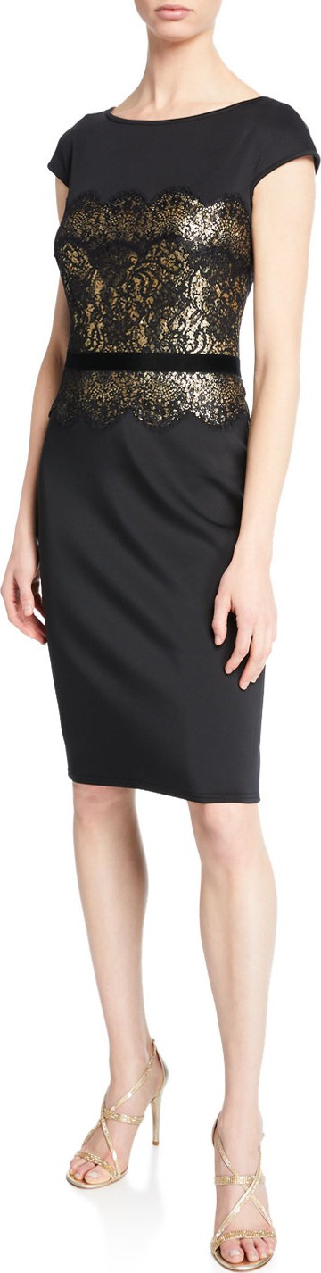 Tadashi Shoji Boat-Neck Cap-Sleeve Neoprene Dress with Lace