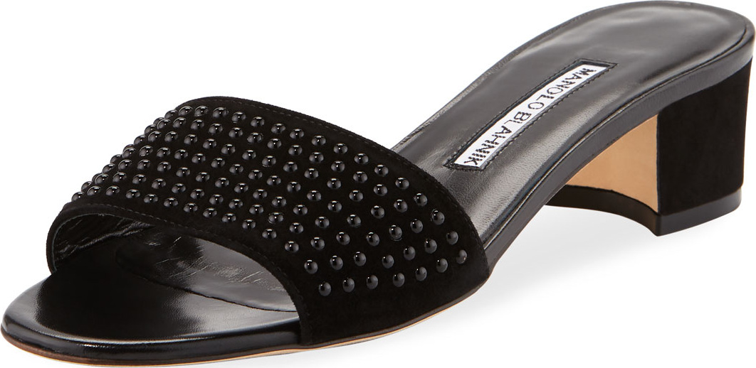 Manolo Blahnik Falcopearl Studded Suede Slide Sandal