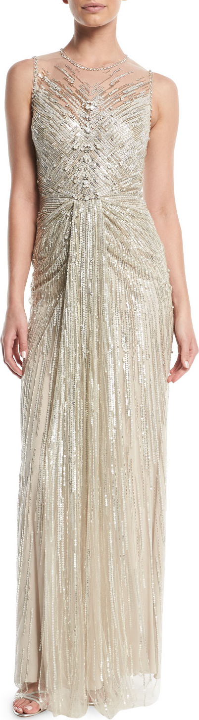 Jenny Packham Illusion-Neck Sleeveless Embellished Evening Gown