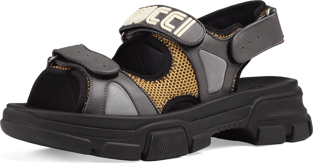 Gucci Men's Leather and Mesh Sandals with Chunky Heel