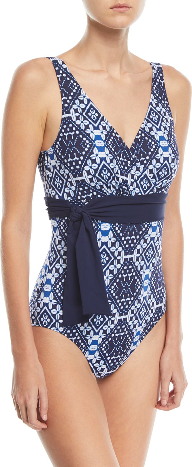 Tommy Bahama V-Neck Faux-Wrap Printed One-Piece Swimsuit