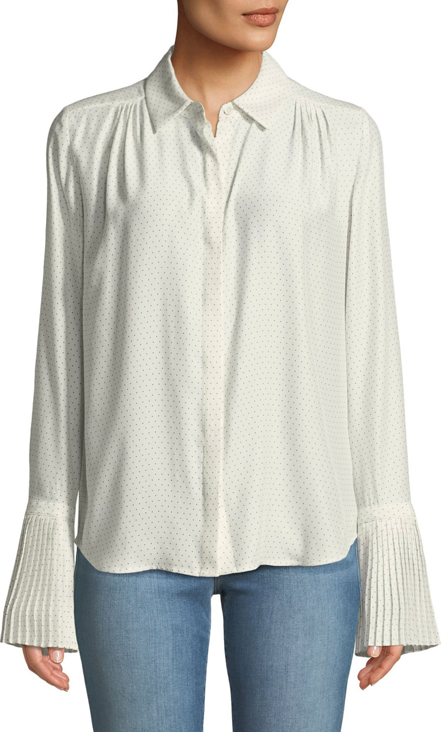 FRAME DENIM Pintucked-Cuffs Button-Front Long-Sleeve Dotted Silk Blouse