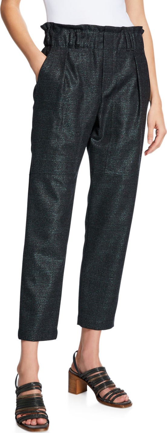 Brunello Cucinelli High-Rise Shimmered Plaid Cropped Pants