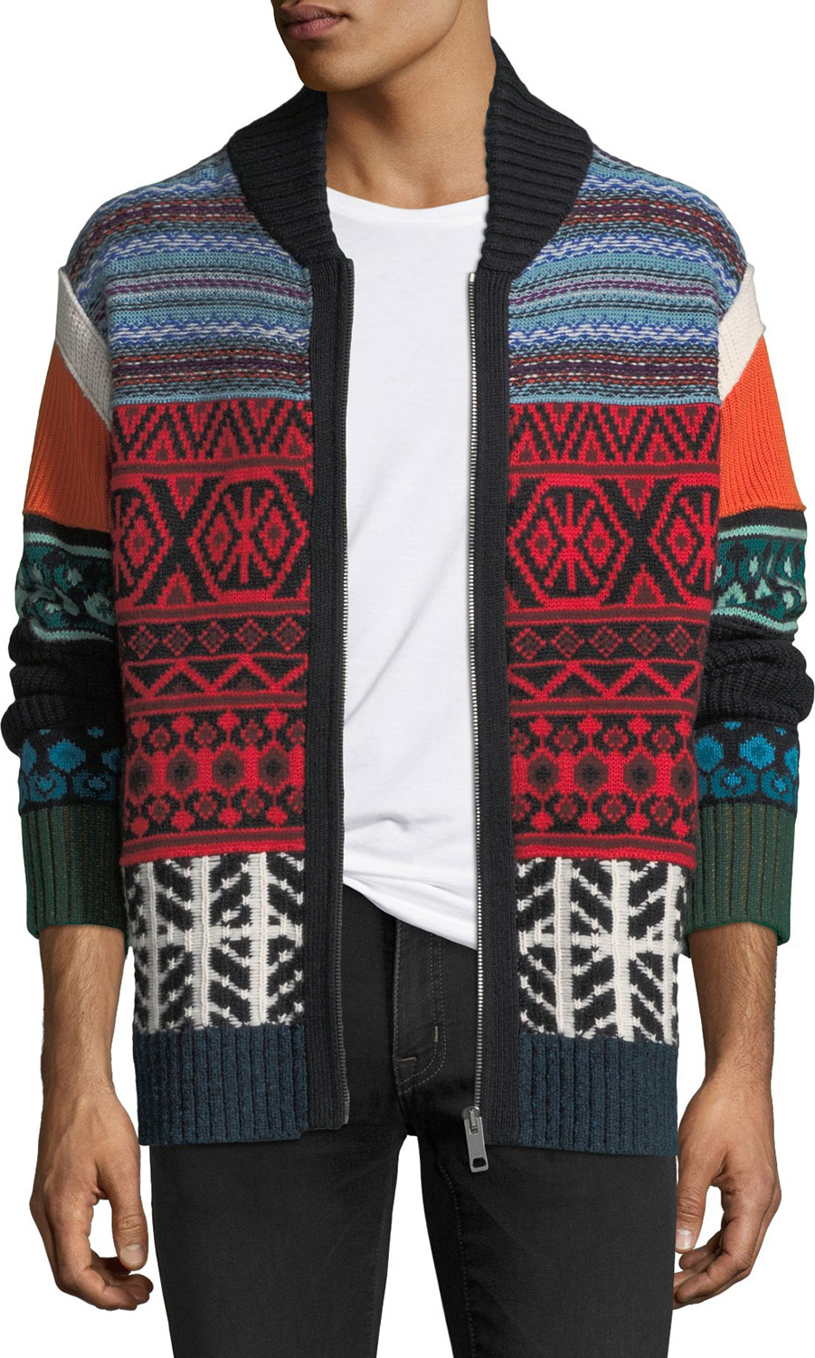 Burberry London England Patchwork Fair Isle Zip-Front Cardigan
