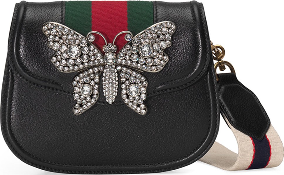 Gucci Linea Totem Small Leather Shoulder Bag with Crystal Butterfly & Web Strap