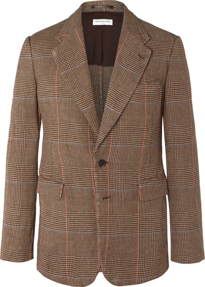 Dries Van Noten Brown Unstructured Prince of Wales Checked Linen Suit Jacket