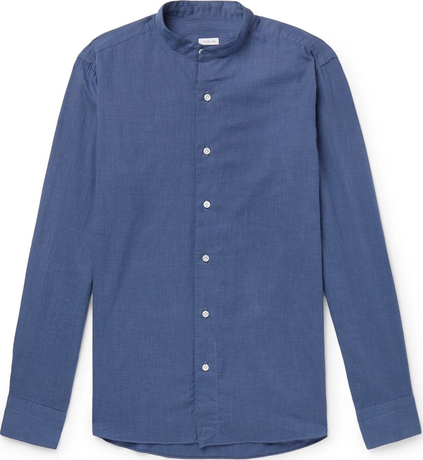 Caruso Grandad-Collar Herringbone Cotton Shirt