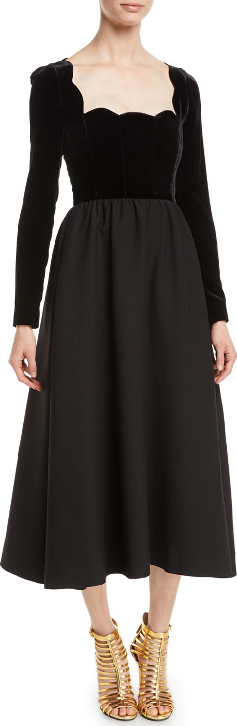 Valentino Scallop-Neck Long-Sleeve Velvet-Top Crepe Couture Evening Gown