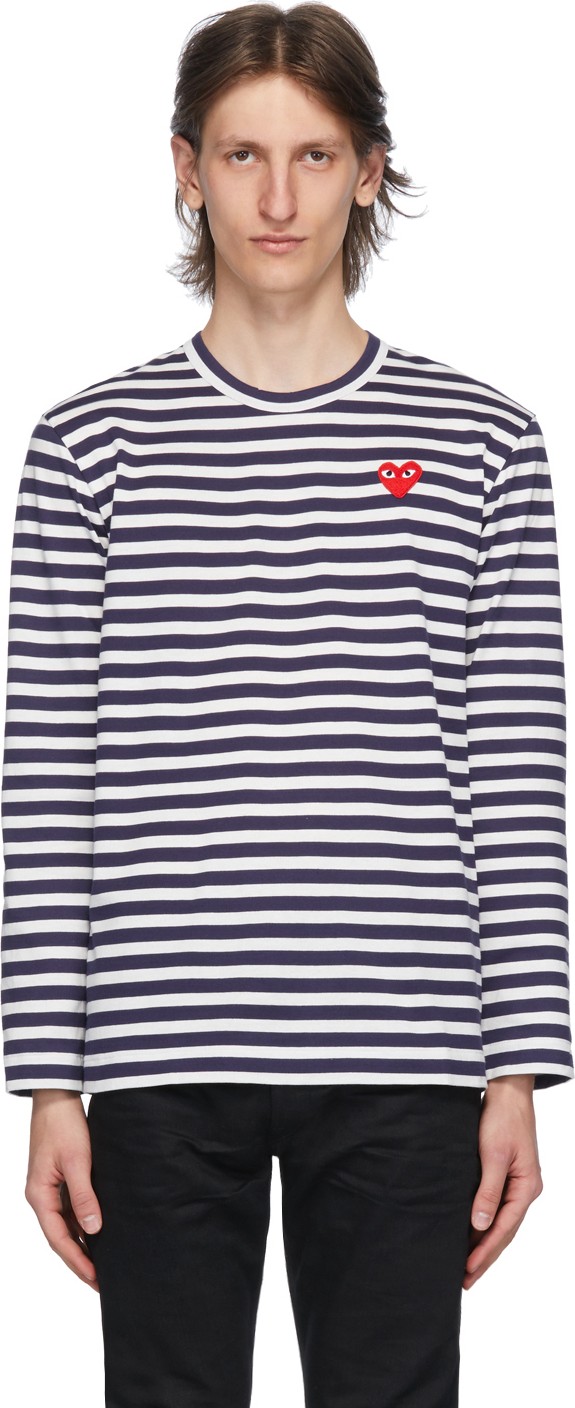 Comme Des Garcons PLAY Navy & White Striped Heart Patch Long Sleeve T-Shirt