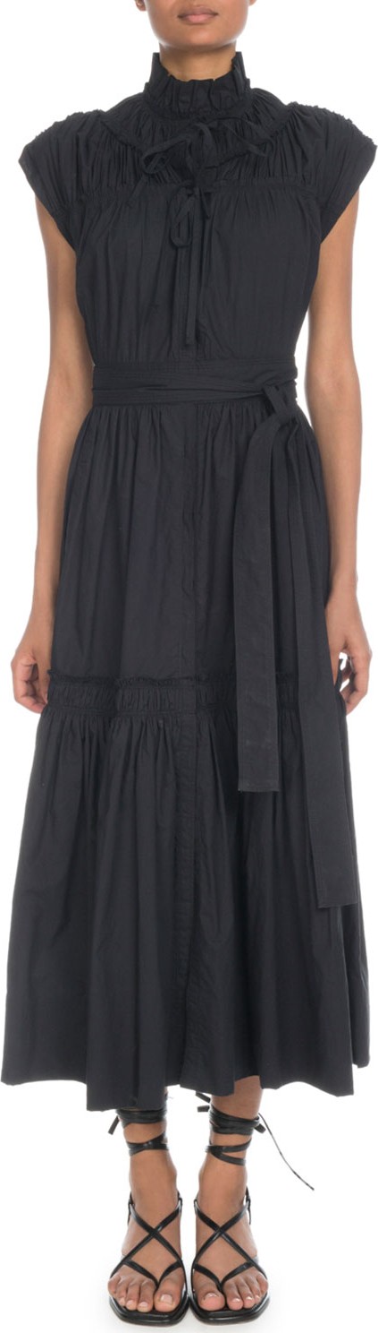Proenza Schouler Sleeveless Shirred Cotton Tiered Maxi Dress w/ Self-Belt