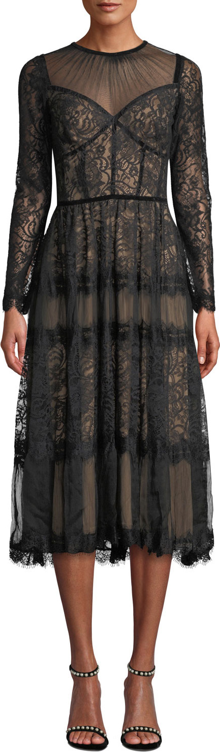Tadashi Shoji Long-Sleeve Lace & Chiffon Dress