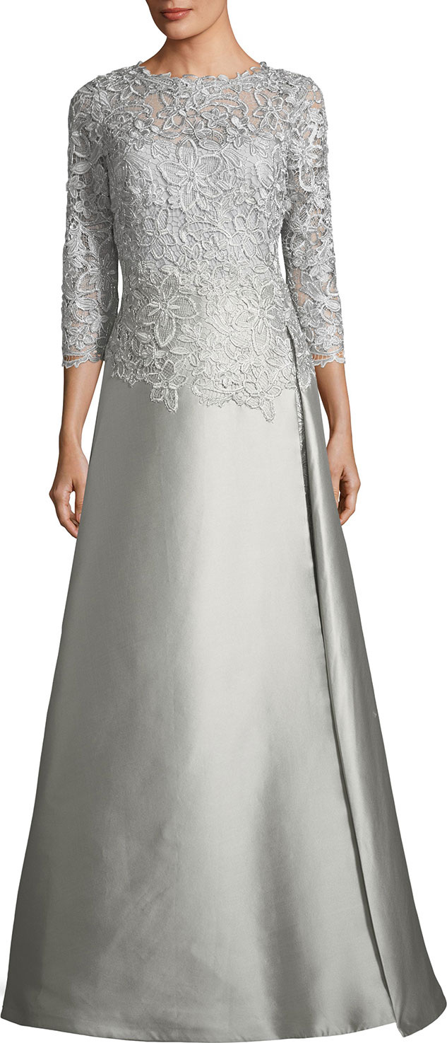 Rickie Freeman for Teri Jon Floral-Lace 3/4-Sleeve Gown