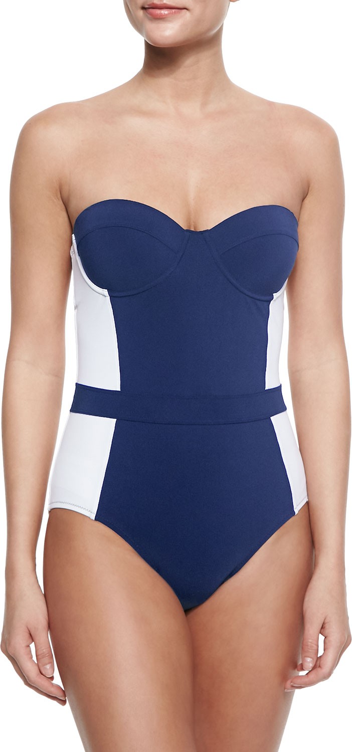 Tory Burch Lipsi Two-Tone One-Piece Swimsuit, Navy/Ivory
