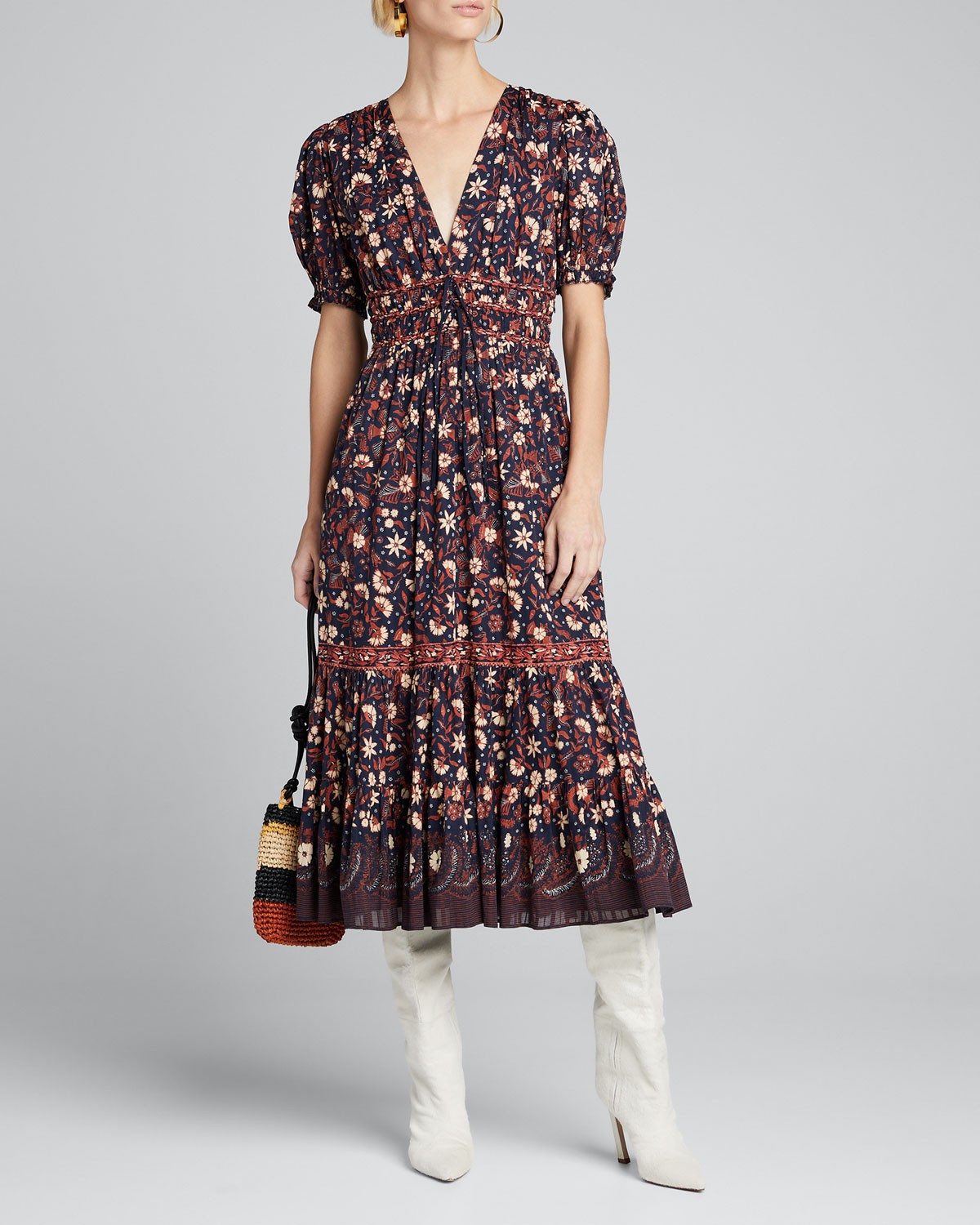 Ulla Johnson Zaria Printed V-Neck Midi Dress